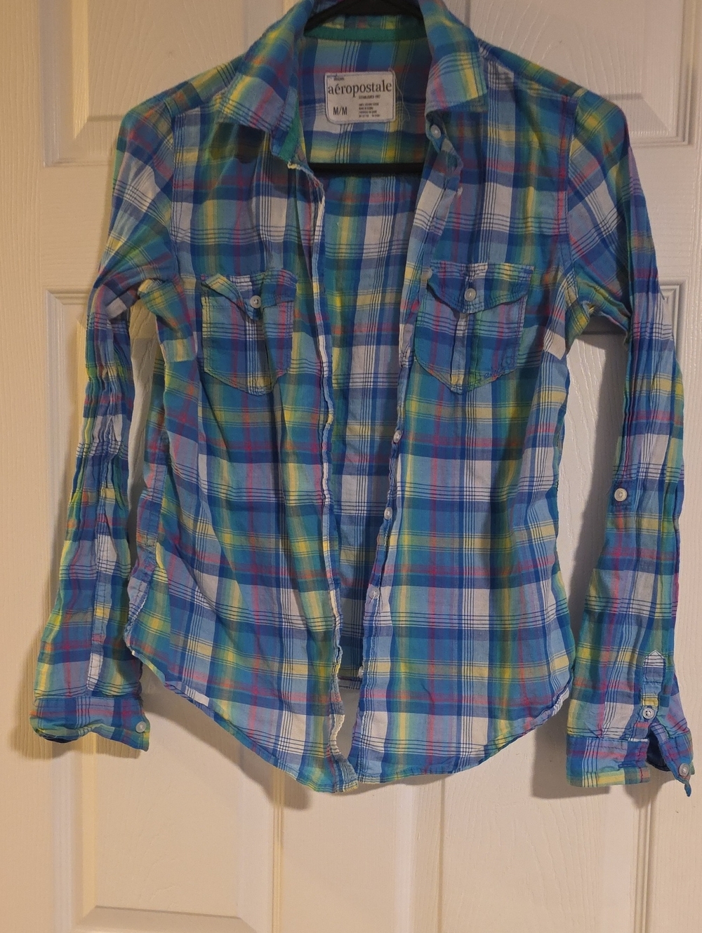 Aeropostale Women's Plaid Button-Down Shirt in Blue, Green & White